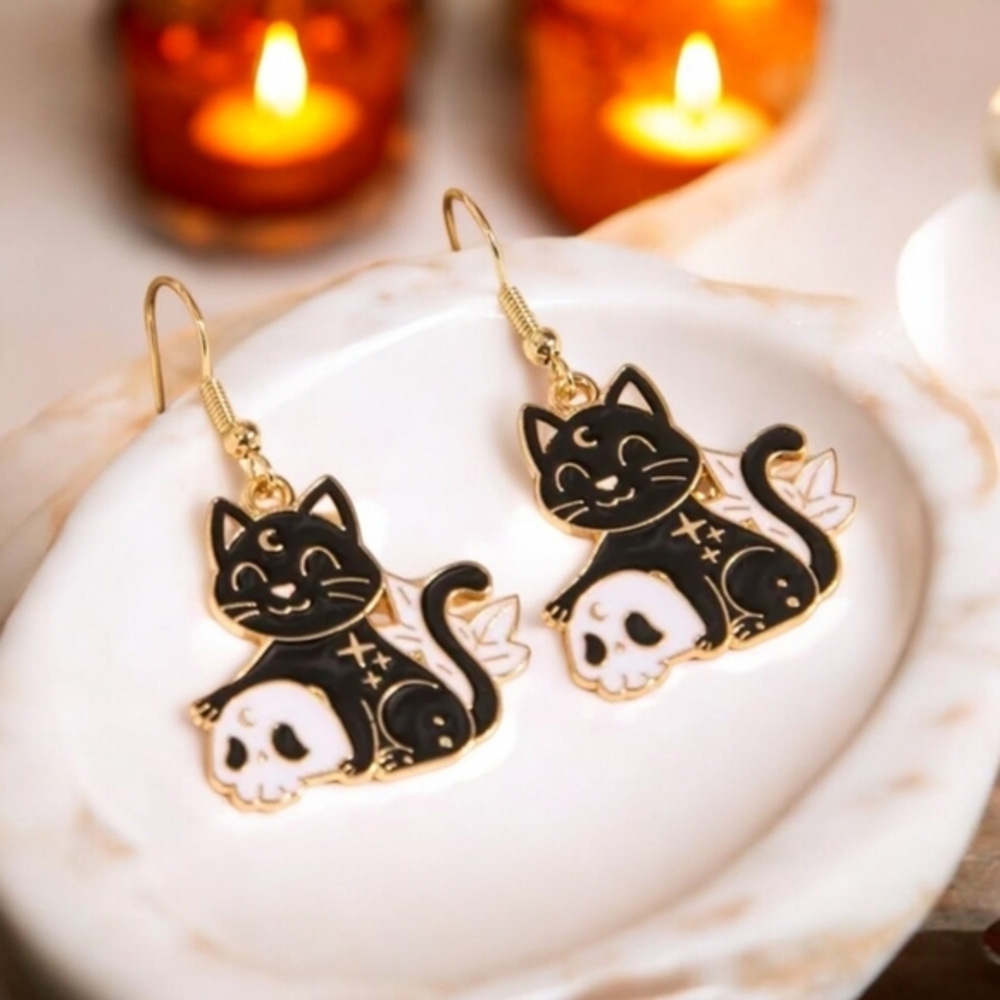 ✨️2 for $15 ✨️ NEW Gothic Black Cat Skull Drop Hook Fashion‎ Earrings